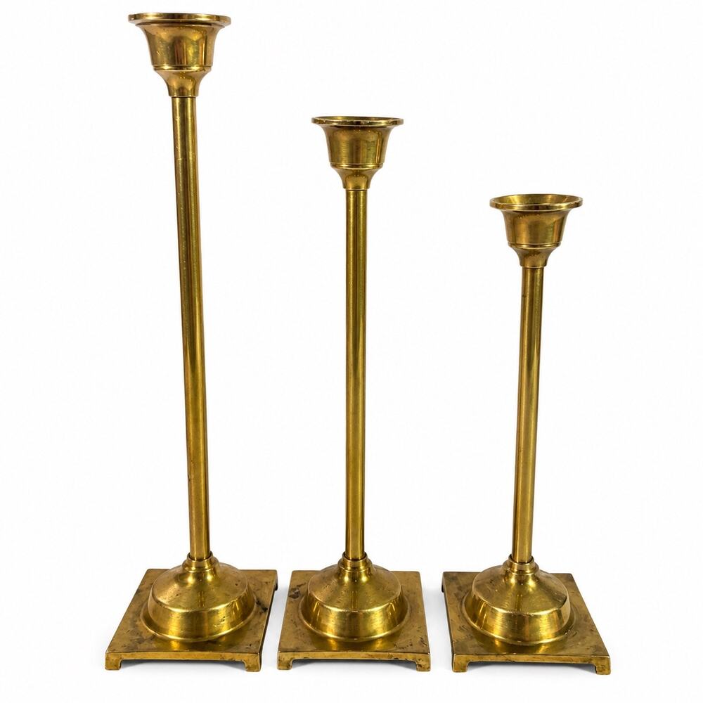Vintage Solid Brass Graduated Taper Candle Holders Set of 3 Square Base India